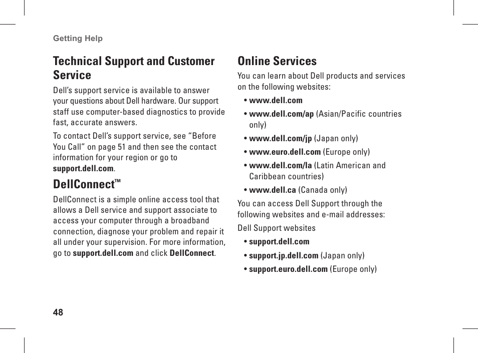 Technical support and customer service, Dellconnect, Online services | Dell Studio 1537 (Late 2008) User Manual | Page 50 / 84
