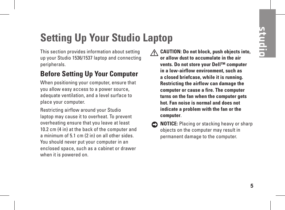 Setting up your studio laptop, Before setting up your computer | Dell Studio 1537 (Late 2008) User Manual | Page 7 / 84