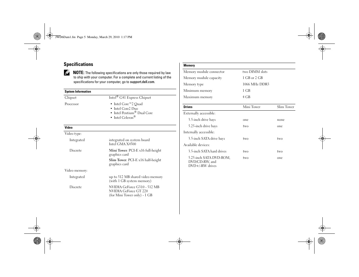 Specifications | Dell Vostro 230 (Early 2010) User Manual | Page 5 / 8