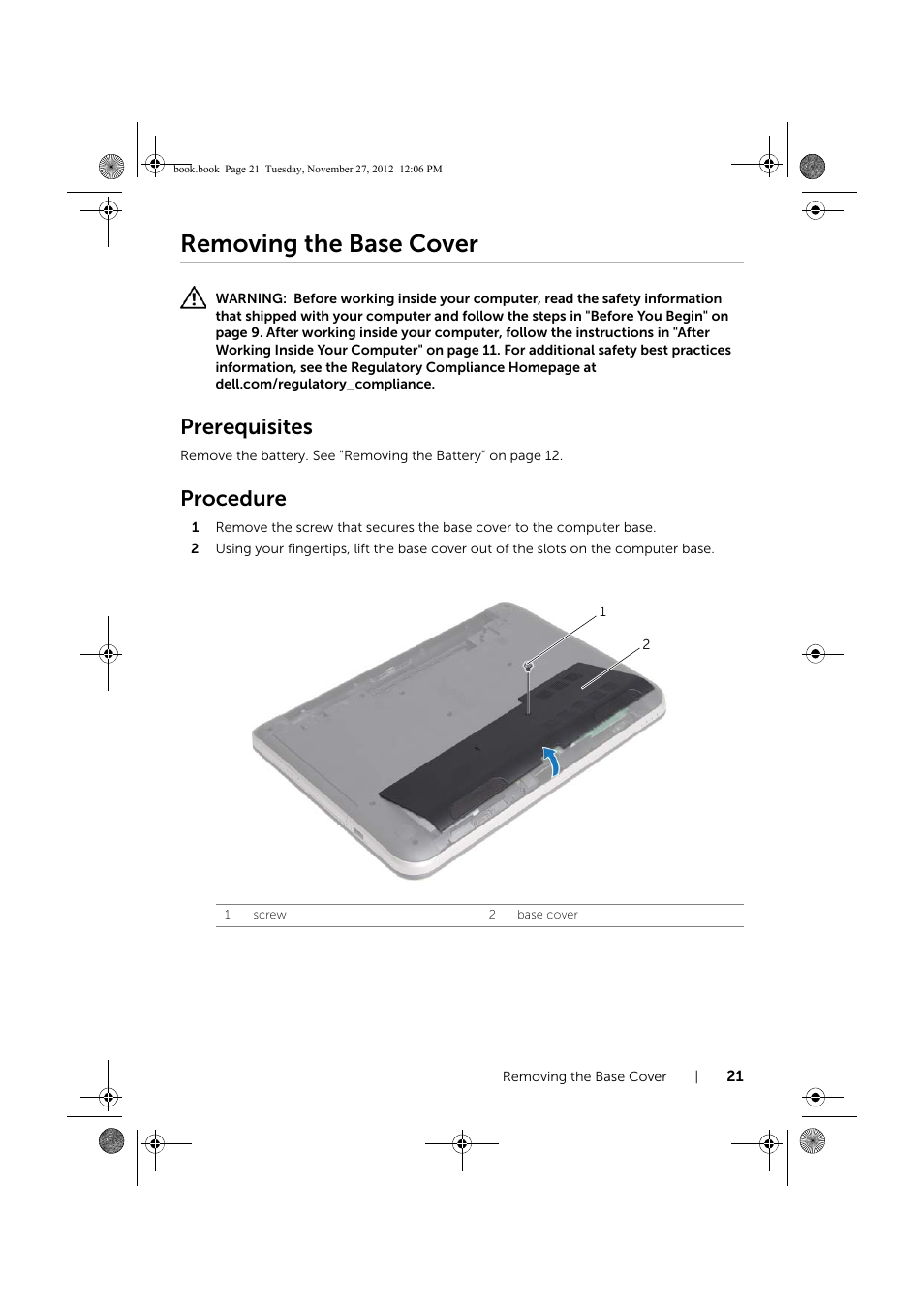 Removing the base cover, Prerequisites, Procedure | Dell Inspiron 14R (5421, Early 2013) User Manual | Page 21 / 71