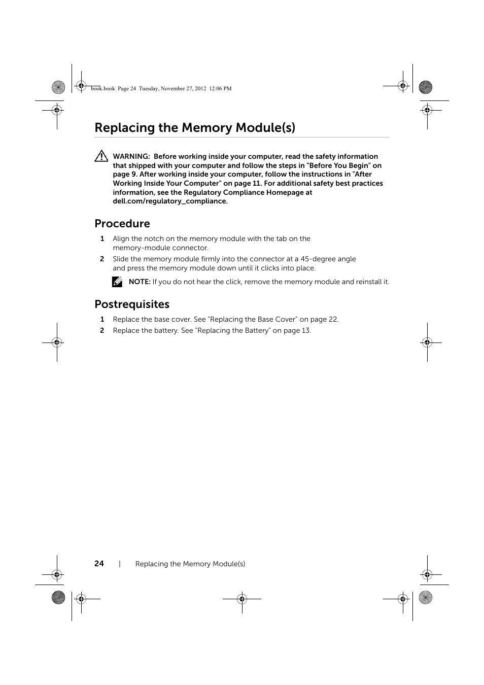 Replacing the memory module(s), Procedure, Postrequisites | Dell Inspiron 14R (5421, Early 2013) User Manual | Page 24 / 71