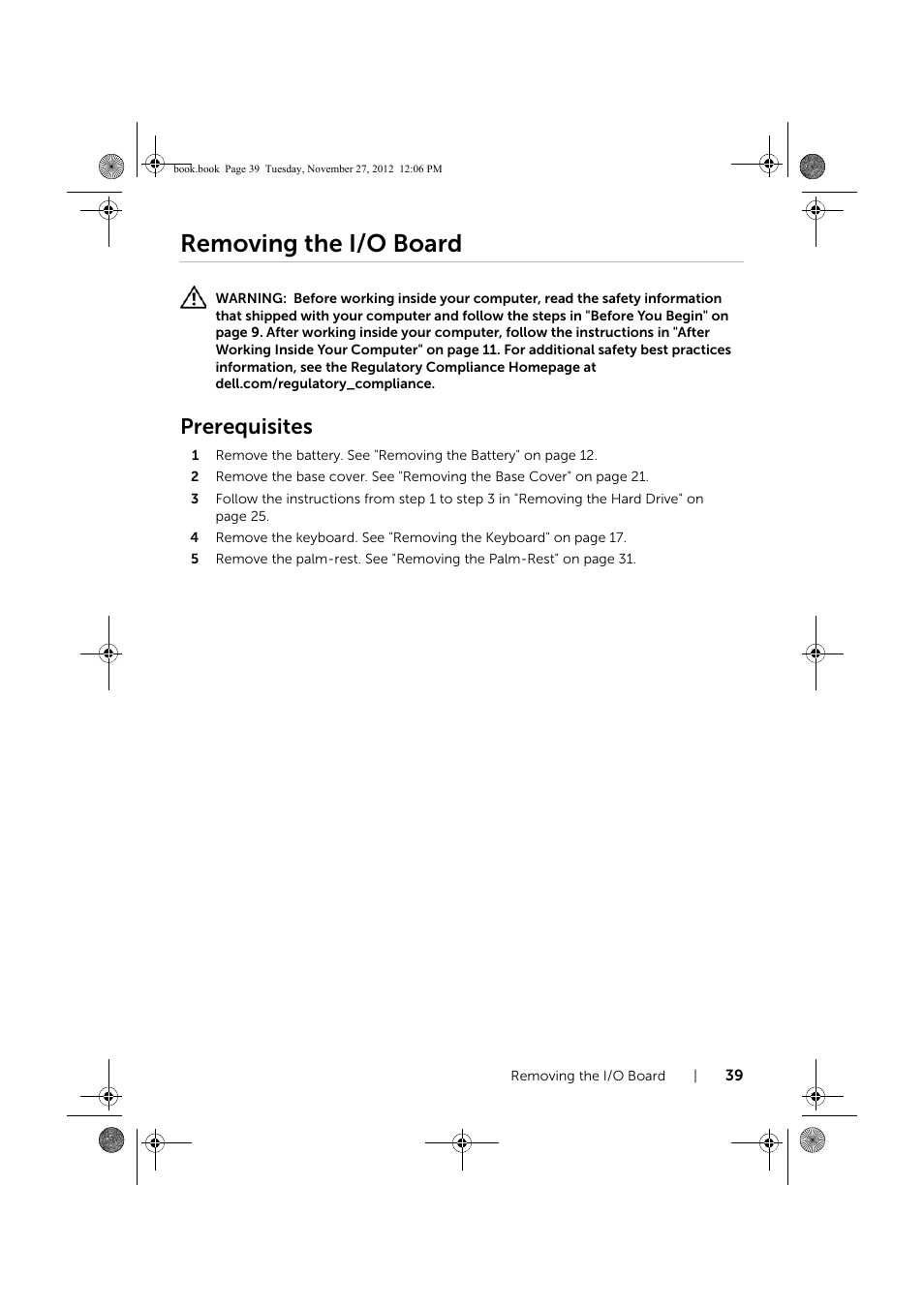 Removing the i/o board, Prerequisites | Dell Inspiron 14R (5421, Early 2013) User Manual | Page 39 / 71