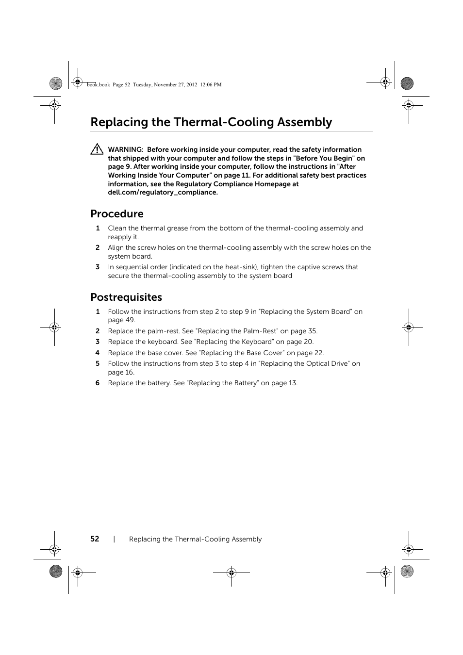 Replacing the thermal-cooling assembly, Procedure, Postrequisites | Dell Inspiron 14R (5421, Early 2013) User Manual | Page 52 / 71