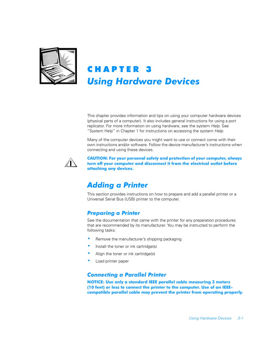 Chapter 3, Adding a printer, Preparing a printer | Connecting a parallel printer, Adding a printer -1, Preparing a printer -1, Connecting a parallel printer -1 | Dell Inspiron 5000e User Manual | Page 13 / 20