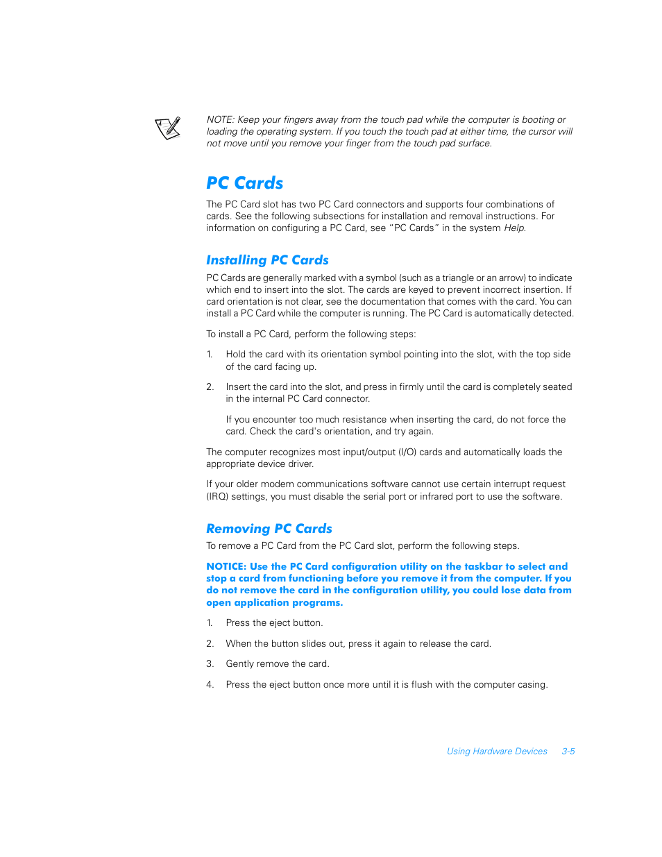 Pc cards, Installing pc cards, Removing pc cards | Pc cards -5, Installing pc cards -5, Removing pc cards -5 | Dell Inspiron 5000e User Manual | Page 17 / 20
