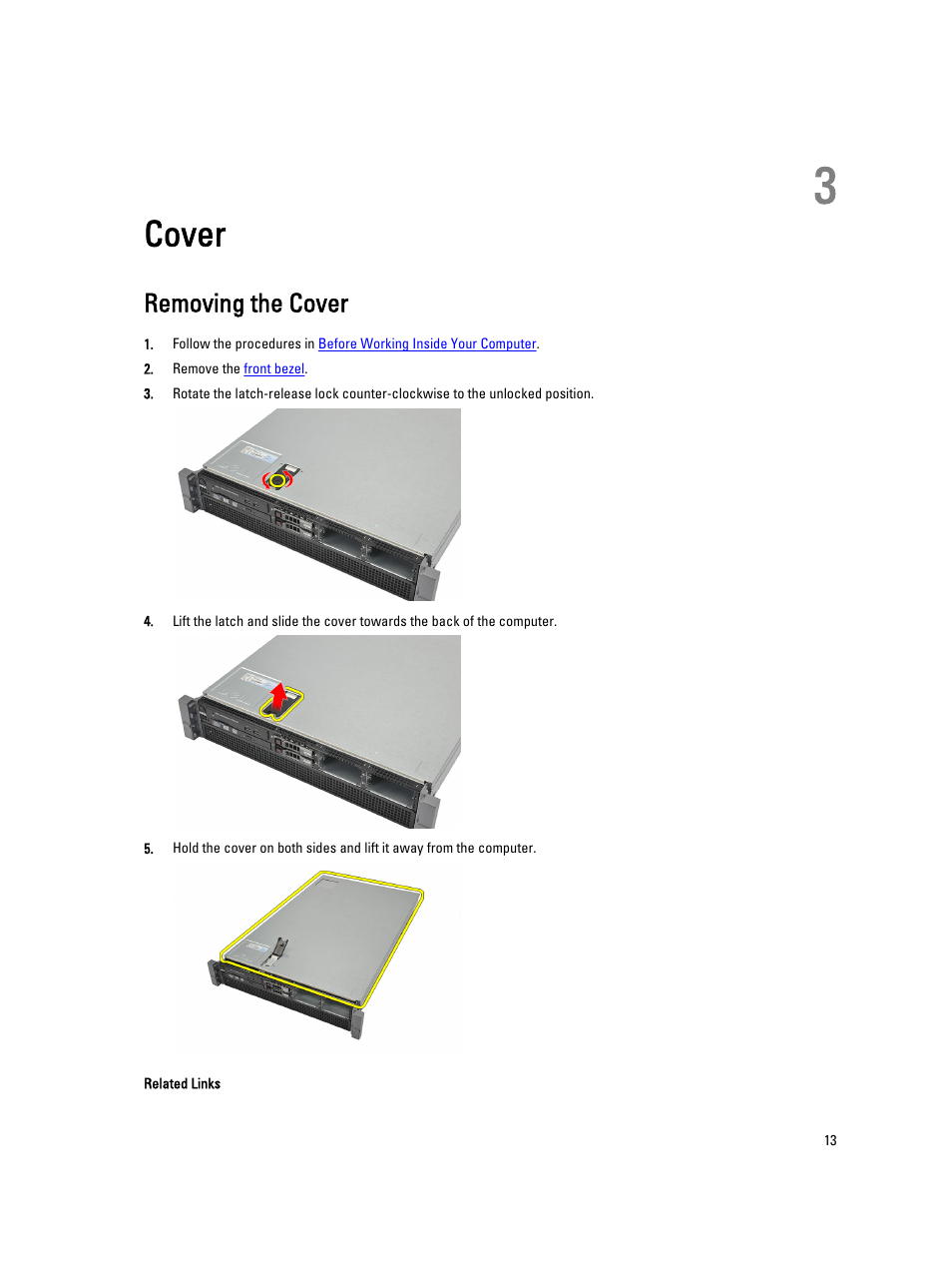 Cover, Removing the cover, 3 cover | Dell Precision R5500 (Early 2011) User Manual | Page 13 / 97