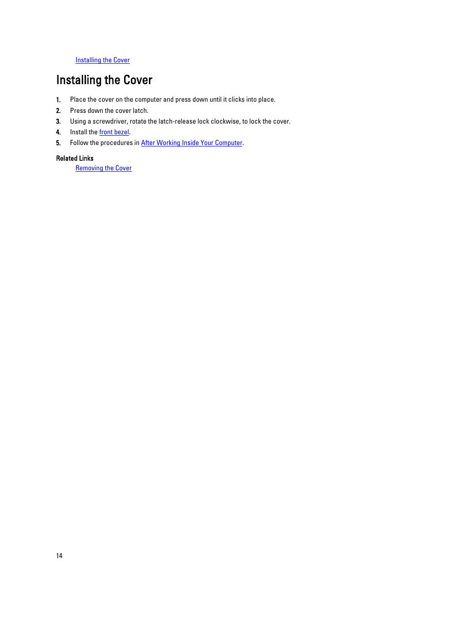 Installing the cover | Dell Precision R5500 (Early 2011) User Manual | Page 14 / 97