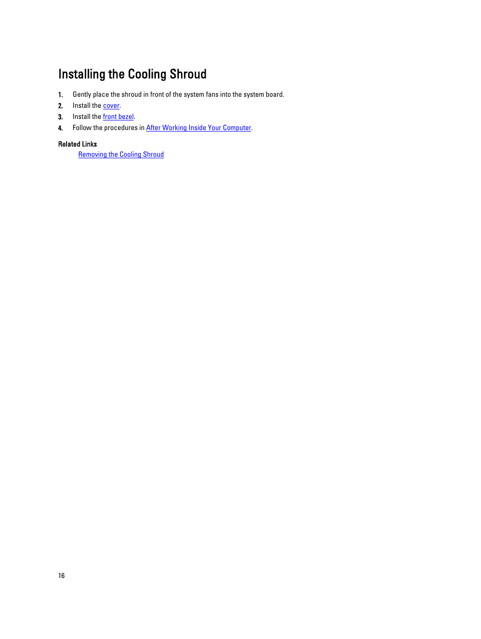 Installing the cooling shroud | Dell Precision R5500 (Early 2011) User Manual | Page 16 / 97