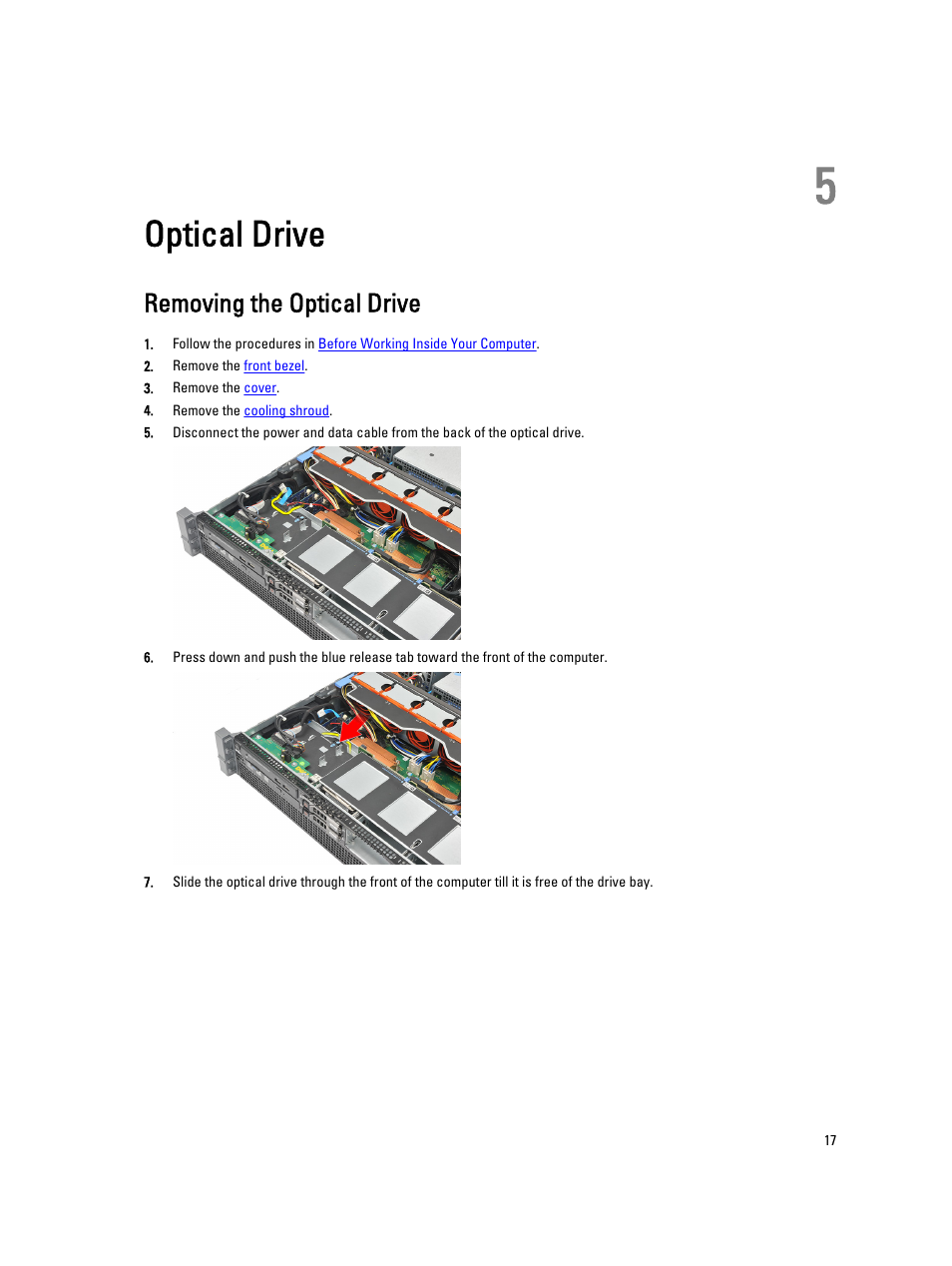 Optical drive, Removing the optical drive, 5 optical drive | Dell Precision R5500 (Early 2011) User Manual | Page 17 / 97