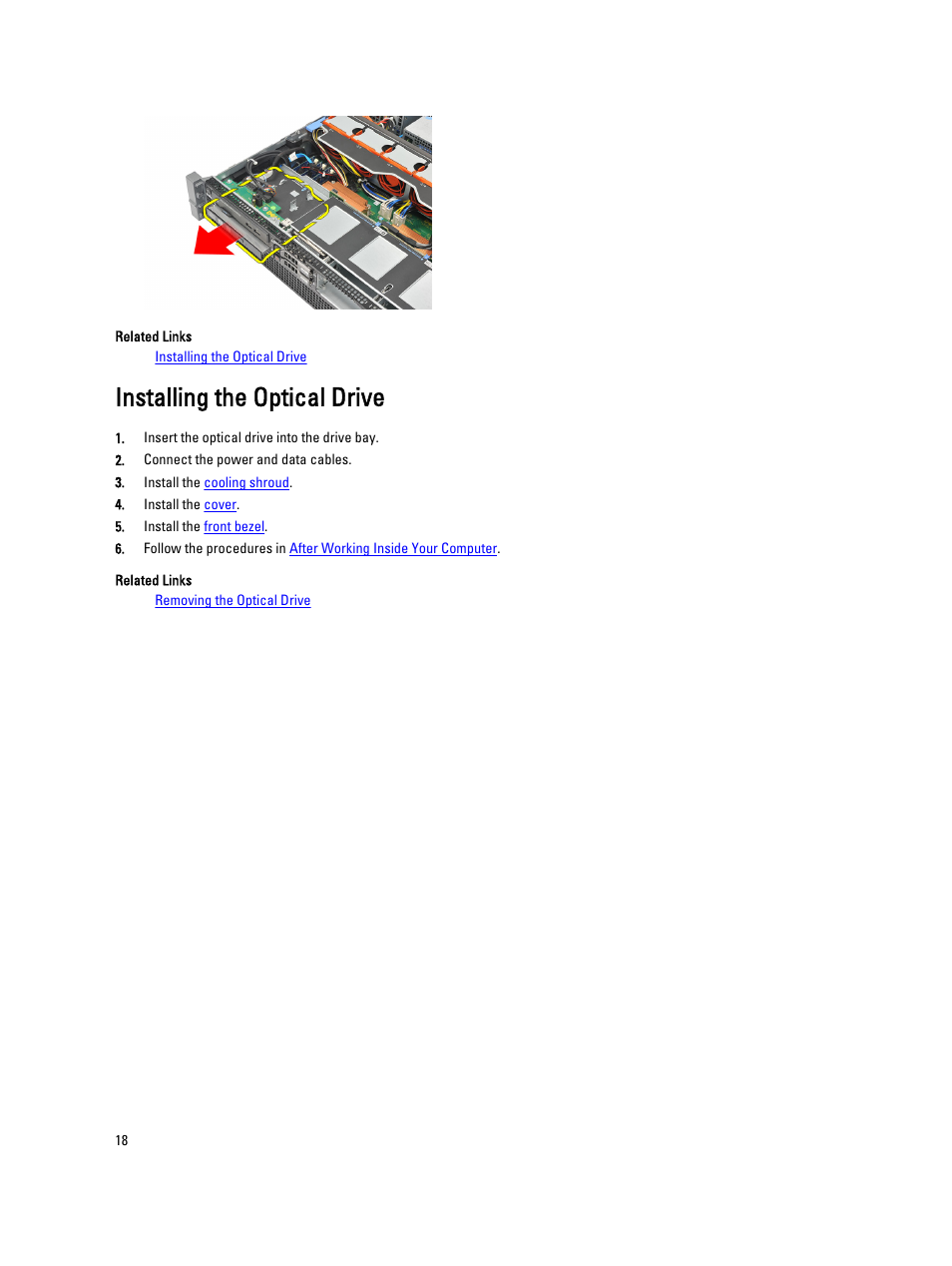 Installing the optical drive | Dell Precision R5500 (Early 2011) User Manual | Page 18 / 97
