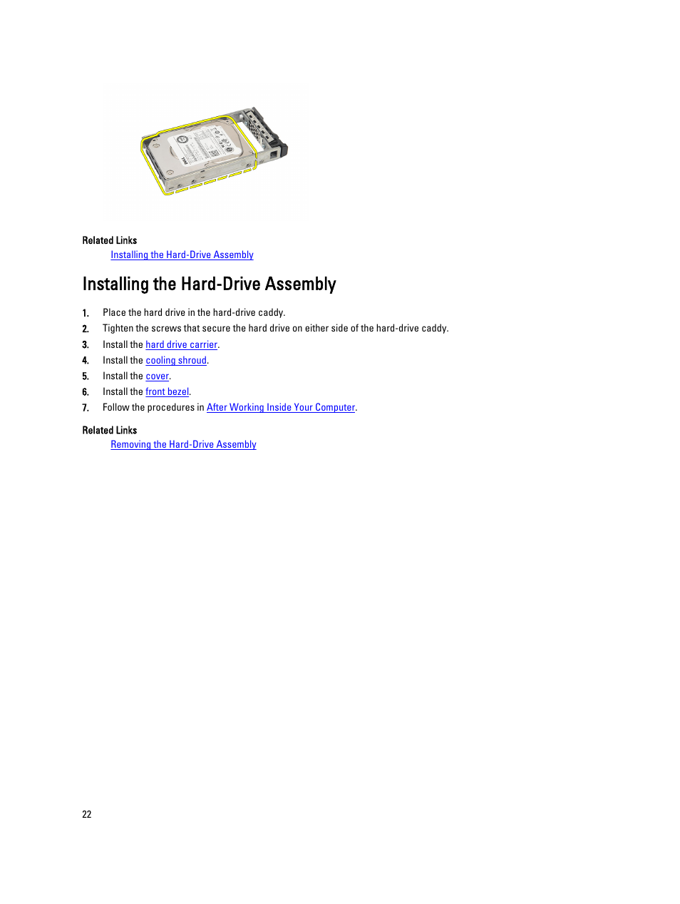 Installing the hard-drive assembly | Dell Precision R5500 (Early 2011) User Manual | Page 22 / 97