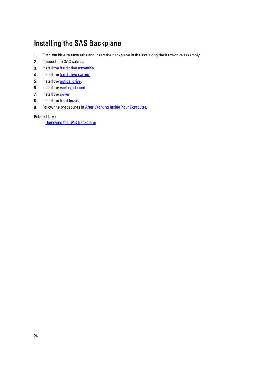 Installing the sas backplane | Dell Precision R5500 (Early 2011) User Manual | Page 24 / 97