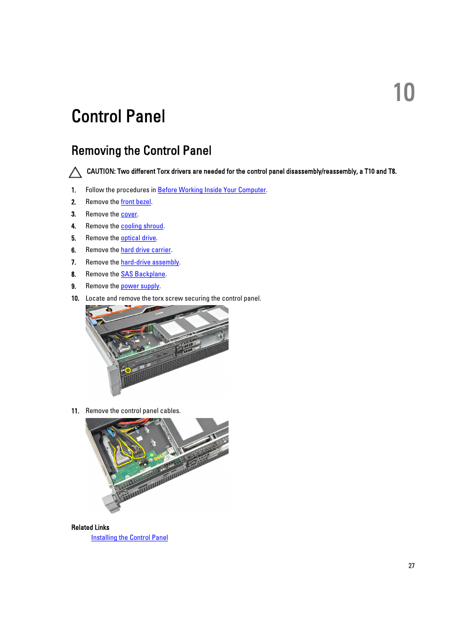 Control panel, Removing the control panel, 10 control panel | Dell Precision R5500 (Early 2011) User Manual | Page 27 / 97