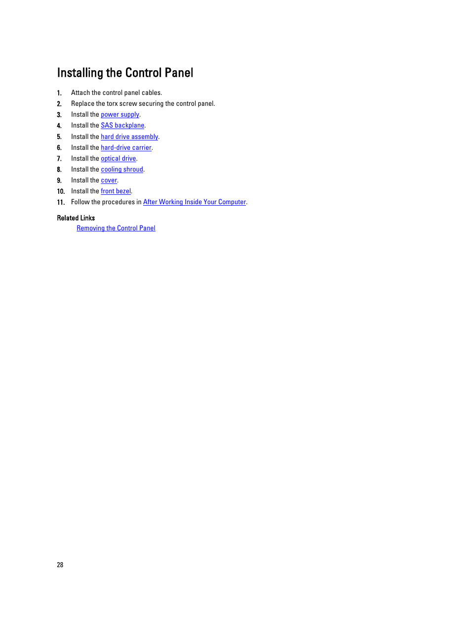Installing the control panel | Dell Precision R5500 (Early 2011) User Manual | Page 28 / 97