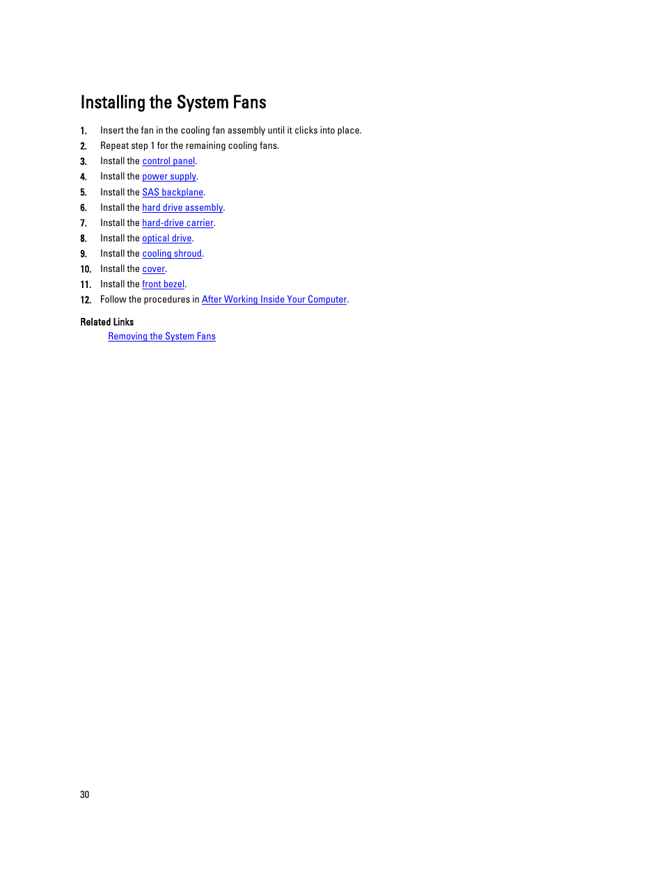 Installing the system fans | Dell Precision R5500 (Early 2011) User Manual | Page 30 / 97