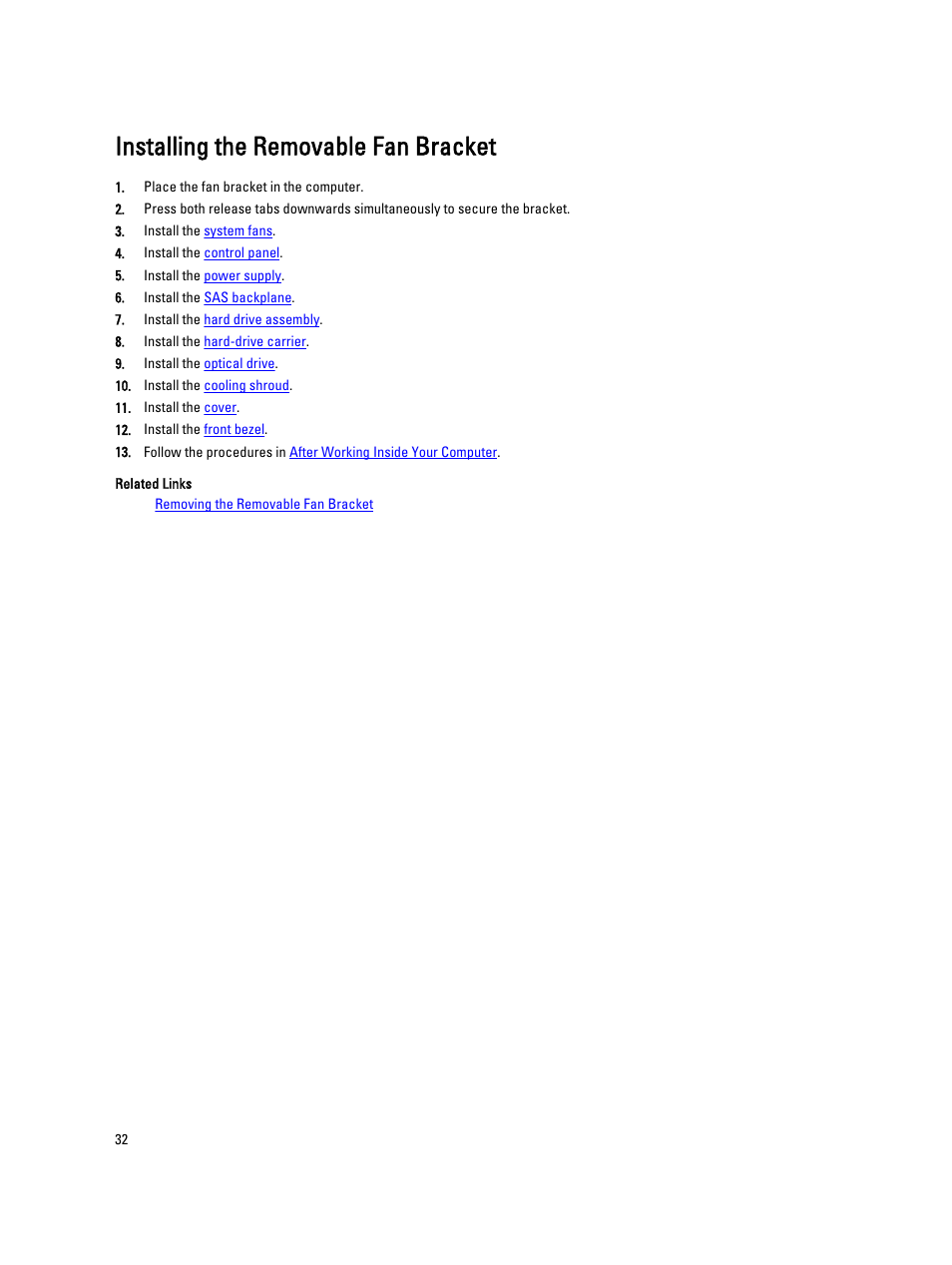 Installing the removable fan bracket | Dell Precision R5500 (Early 2011) User Manual | Page 32 / 97