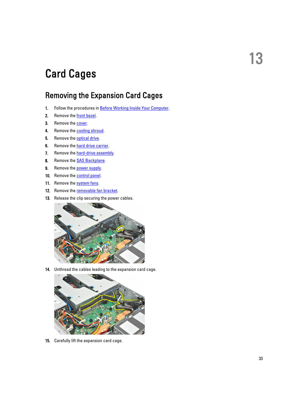 Card cages, Removing the expansion card cages, 13 card cages | Dell Precision R5500 (Early 2011) User Manual | Page 33 / 97