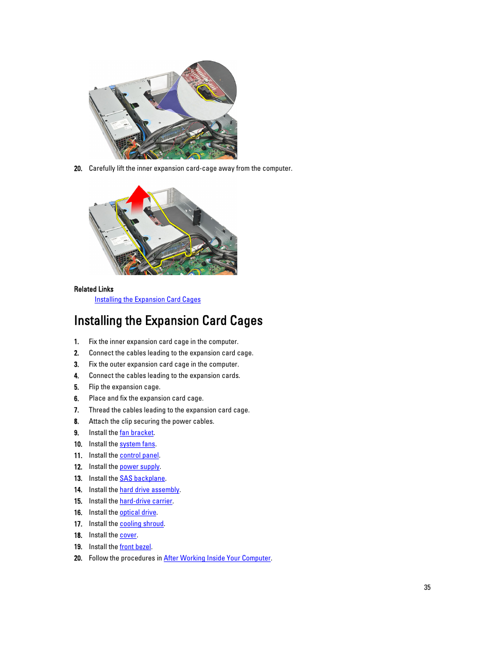 Installing the expansion card cages | Dell Precision R5500 (Early 2011) User Manual | Page 35 / 97