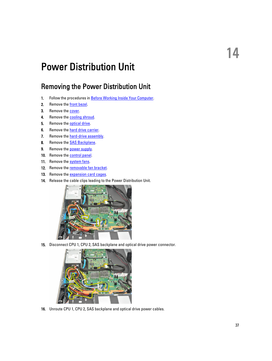 Power distribution unit, Removing the power distribution unit, 14 power distribution unit | Dell Precision R5500 (Early 2011) User Manual | Page 37 / 97