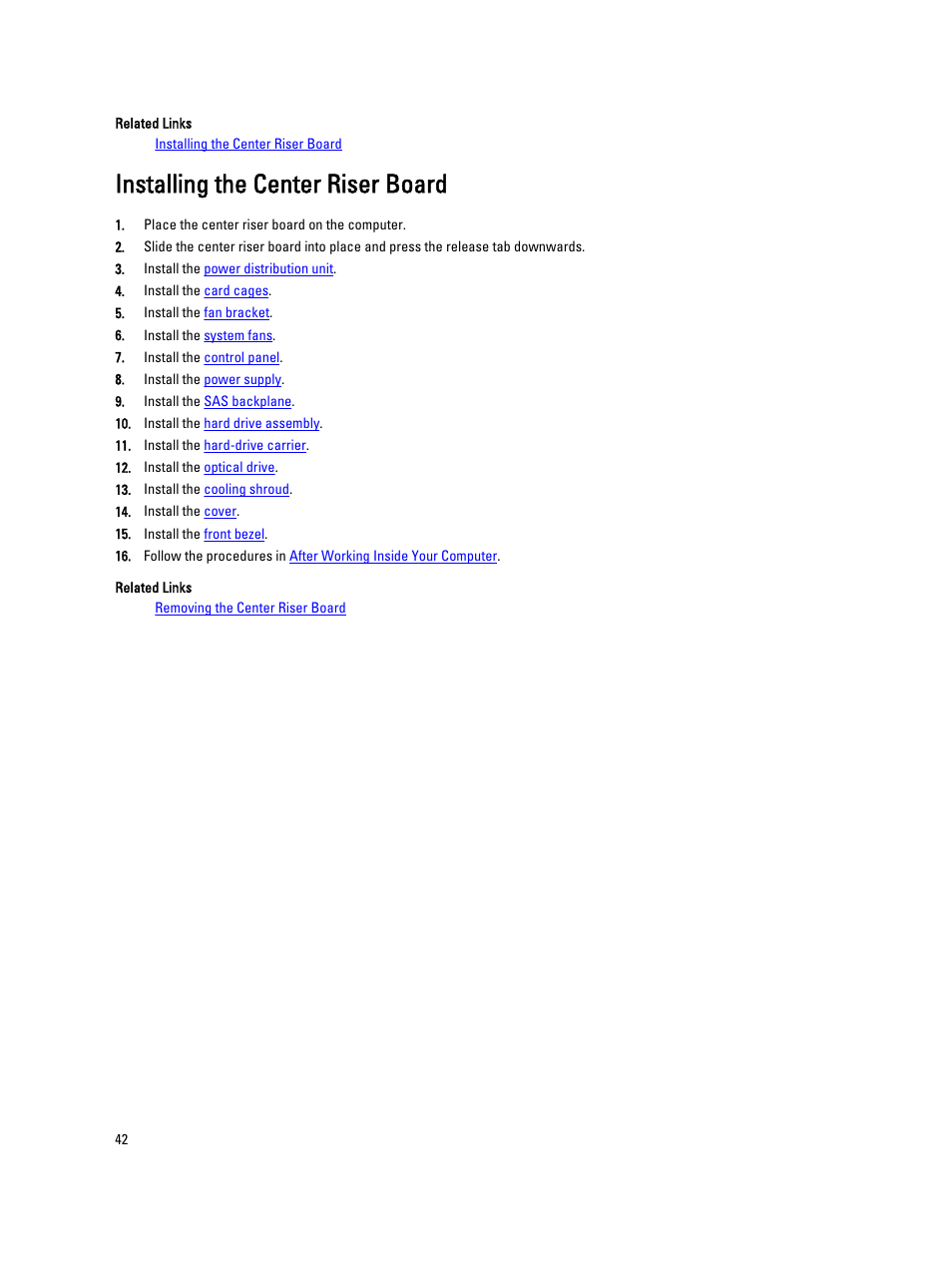 Installing the center riser board | Dell Precision R5500 (Early 2011) User Manual | Page 42 / 97