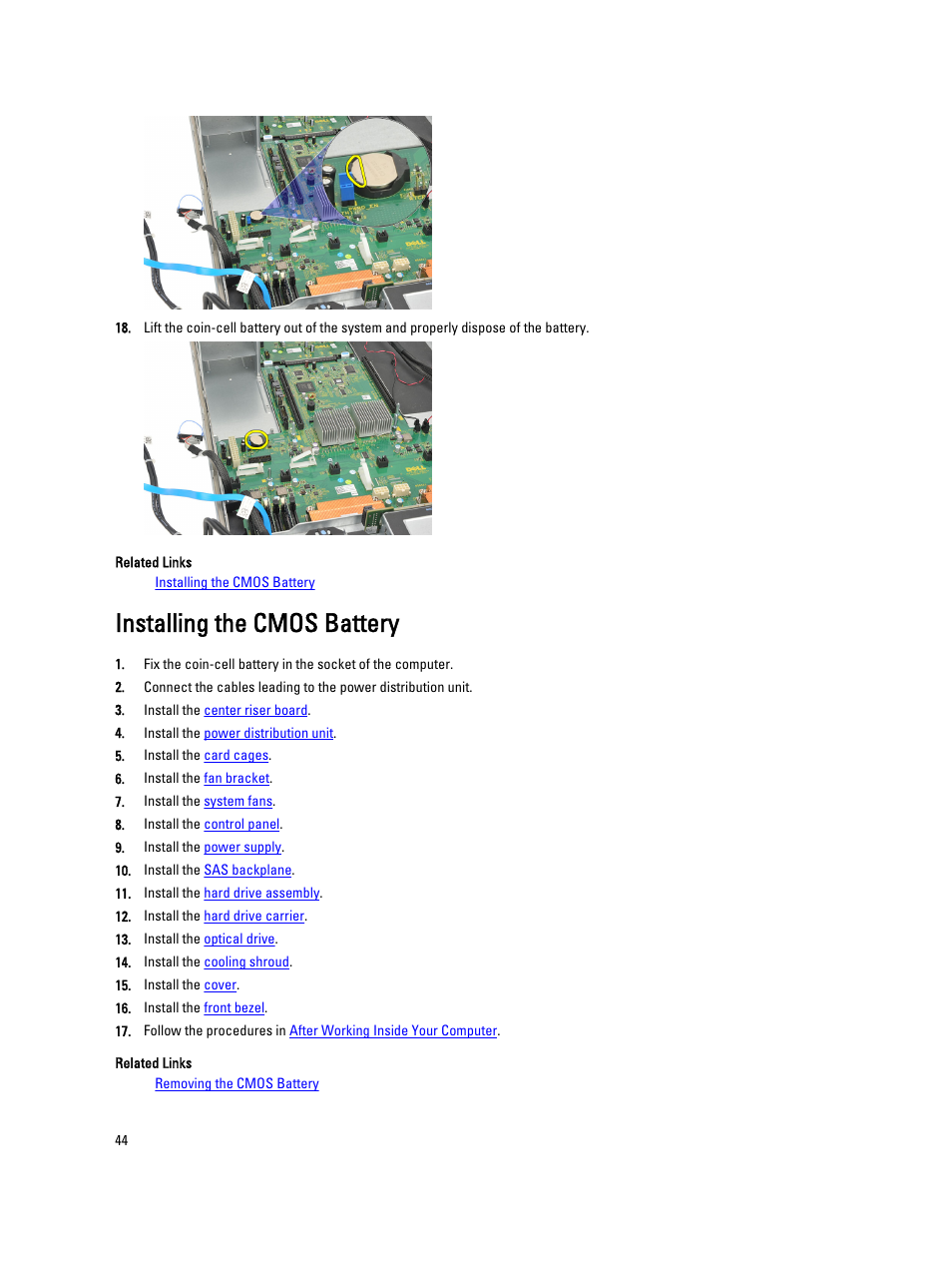 Installing the cmos battery | Dell Precision R5500 (Early 2011) User Manual | Page 44 / 97