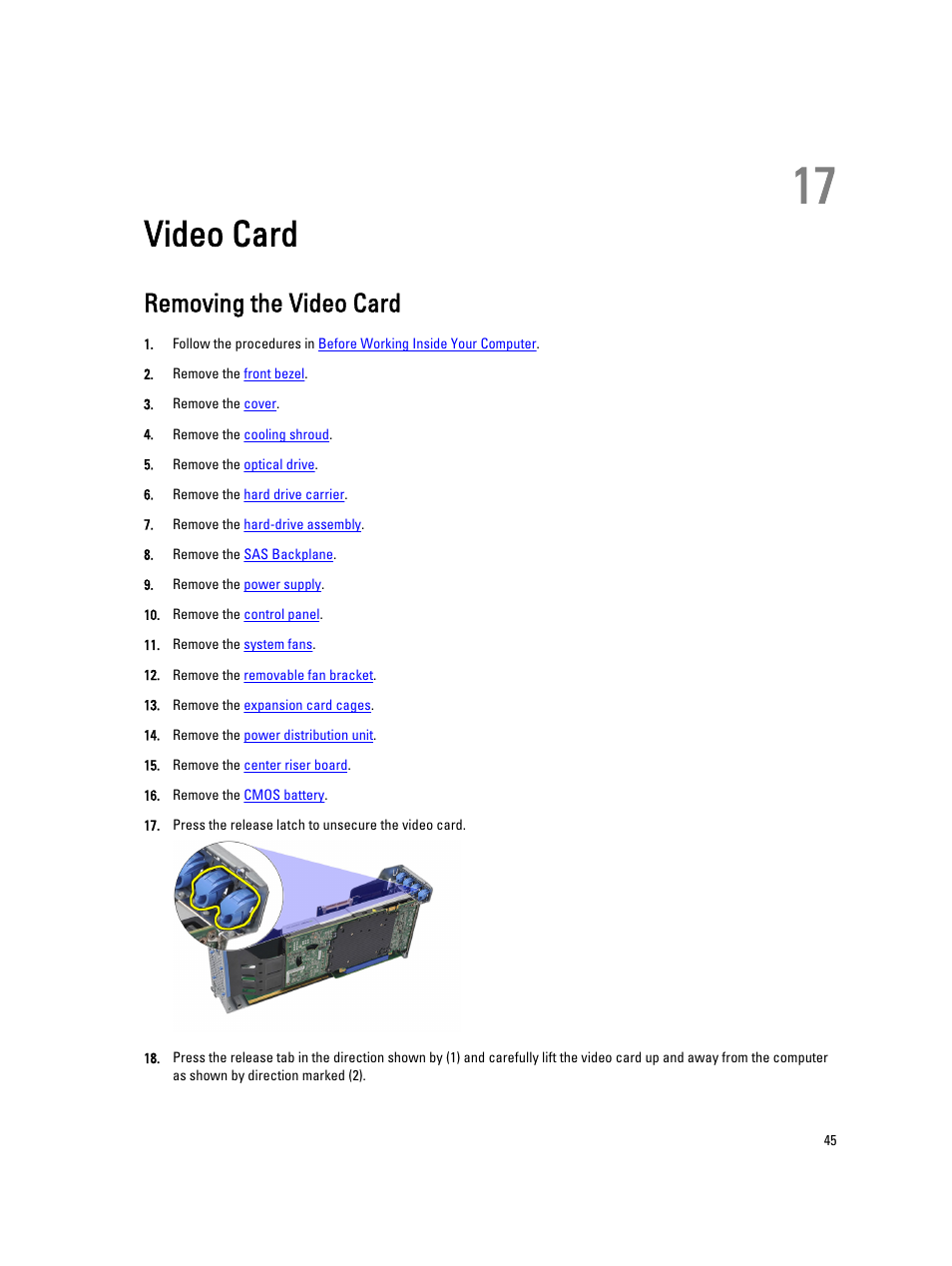 Video card, Removing the video card, 17 video card | Dell Precision R5500 (Early 2011) User Manual | Page 45 / 97