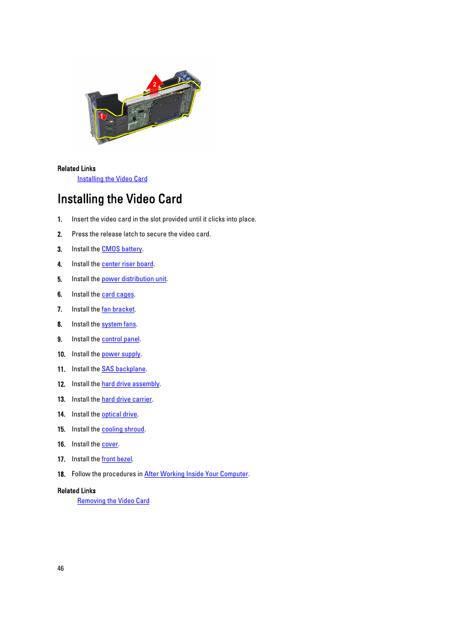 Installing the video card | Dell Precision R5500 (Early 2011) User Manual | Page 46 / 97