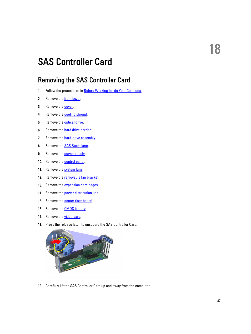 Sas controller card, Removing the sas controller card, 18 sas controller card | Dell Precision R5500 (Early 2011) User Manual | Page 47 / 97