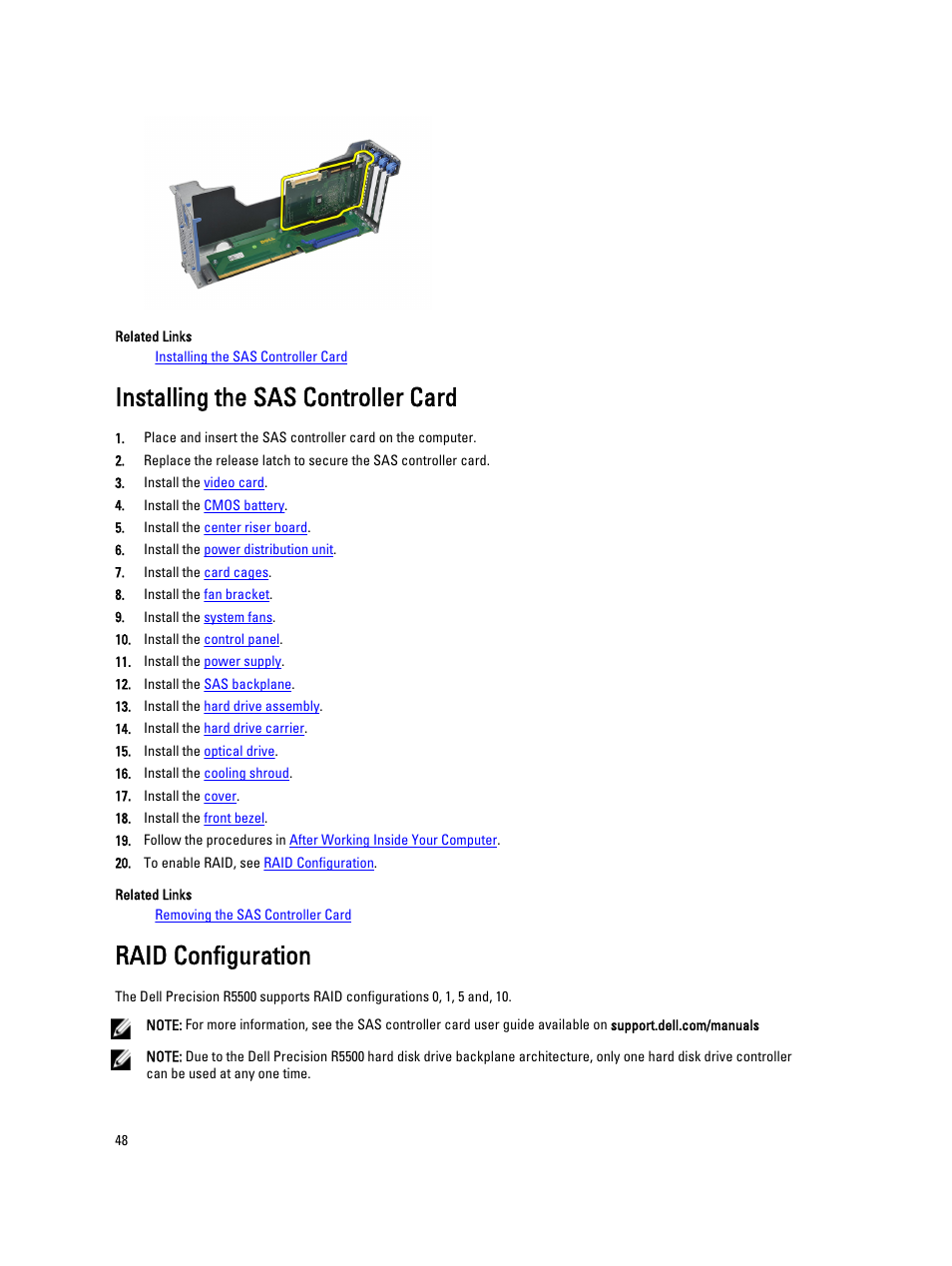 Installing the sas controller card, Raid configuration | Dell Precision R5500 (Early 2011) User Manual | Page 48 / 97