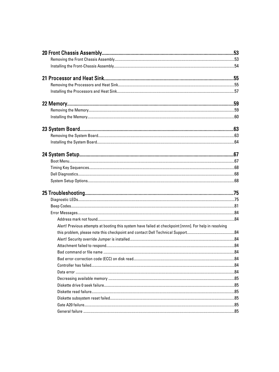 20 front chassis assembly, 21 processor and heat sink, 23 system board | 24 system setup, 25 troubleshooting | Dell Precision R5500 (Early 2011) User Manual | Page 5 / 97