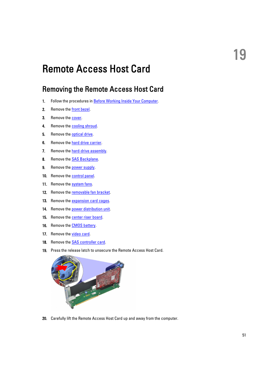 Remote access host card, Removing the remote access host card, 19 remote access host card | Dell Precision R5500 (Early 2011) User Manual | Page 51 / 97