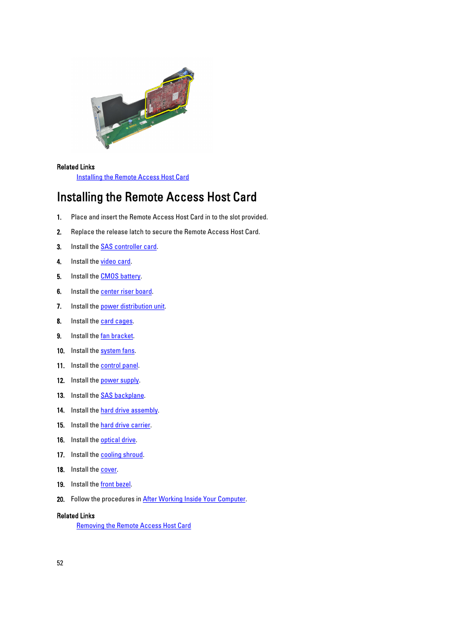 Installing the remote access host card | Dell Precision R5500 (Early 2011) User Manual | Page 52 / 97