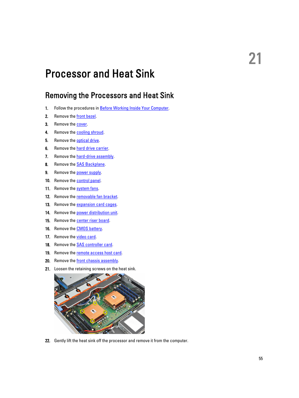 Processor and heat sink, Removing the processors and heat sink, 21 processor and heat sink | Dell Precision R5500 (Early 2011) User Manual | Page 55 / 97