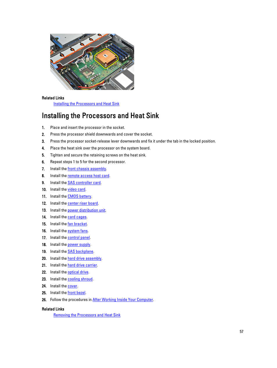 Installing the processors and heat sink | Dell Precision R5500 (Early 2011) User Manual | Page 57 / 97