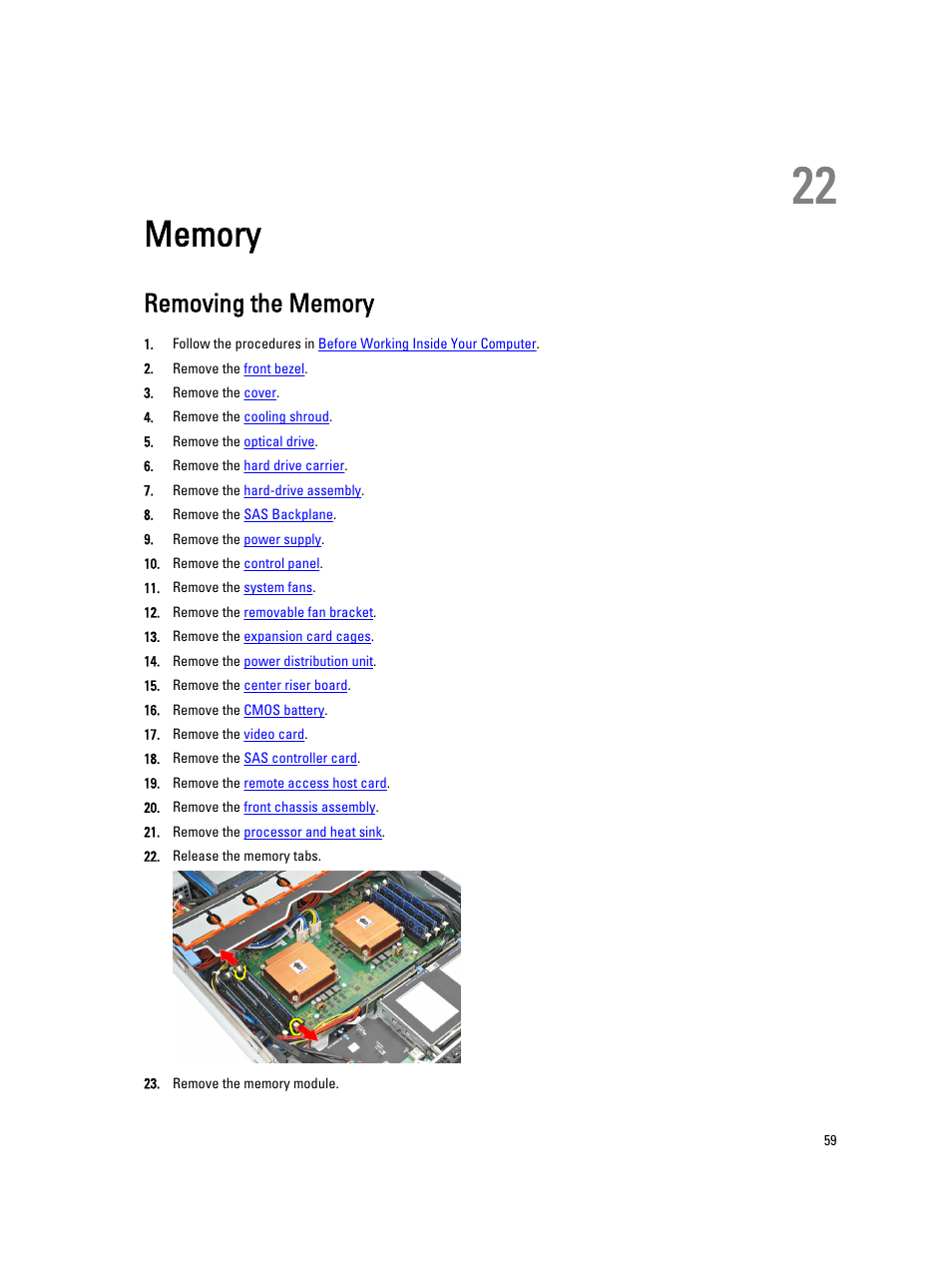 Memory, Removing the memory, 22 memory | Dell Precision R5500 (Early 2011) User Manual | Page 59 / 97