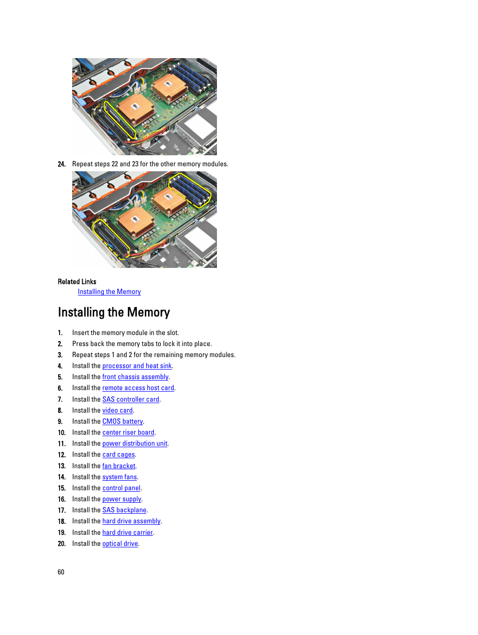Installing the memory | Dell Precision R5500 (Early 2011) User Manual | Page 60 / 97