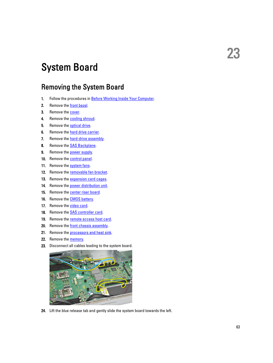 System board, Removing the system board, 23 system board | Dell Precision R5500 (Early 2011) User Manual | Page 63 / 97