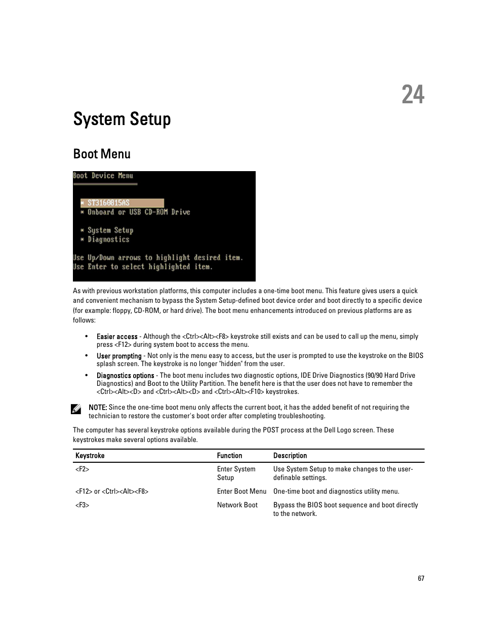 System setup, Boot menu, 24 system setup | Dell Precision R5500 (Early 2011) User Manual | Page 67 / 97