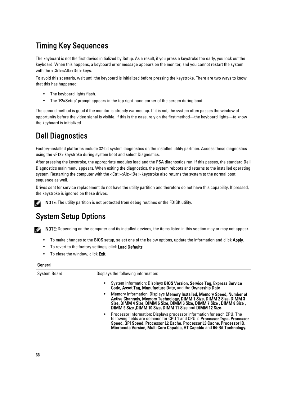 Timing key sequences, Dell diagnostics, System setup options | Dell Precision R5500 (Early 2011) User Manual | Page 68 / 97