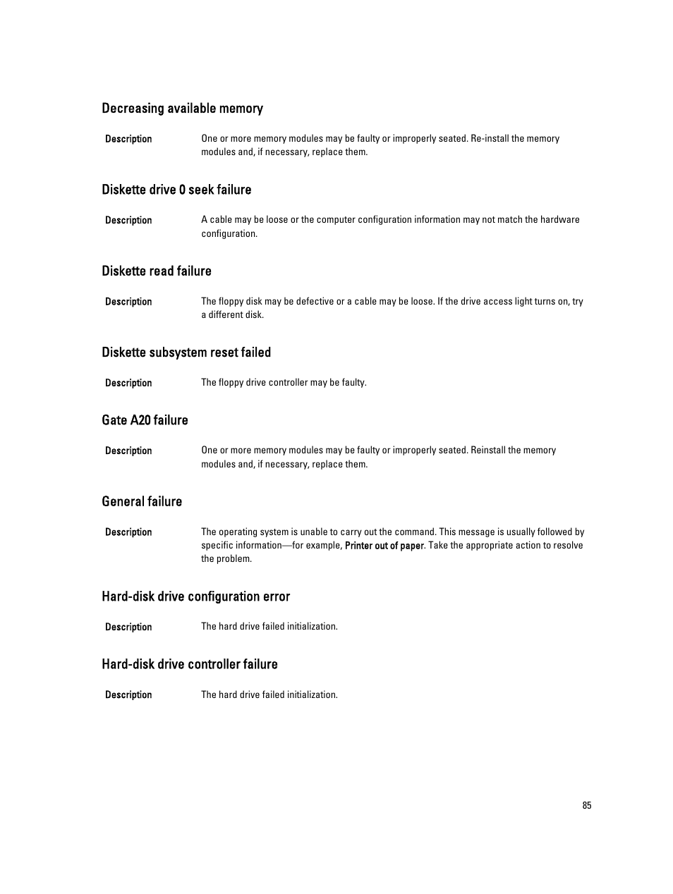 Decreasing available memory, Diskette drive 0 seek failure, Diskette read failure | Diskette subsystem reset failed, Gate a20 failure, General failure, Hard-disk drive configuration error, Hard-disk drive controller failure | Dell Precision R5500 (Early 2011) User Manual | Page 85 / 97