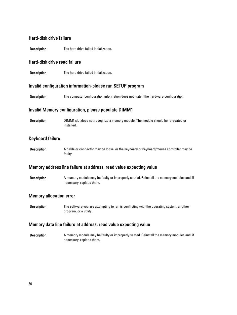 Hard-disk drive failure, Hard-disk drive read failure, Keyboard failure | Memory allocation error | Dell Precision R5500 (Early 2011) User Manual | Page 86 / 97