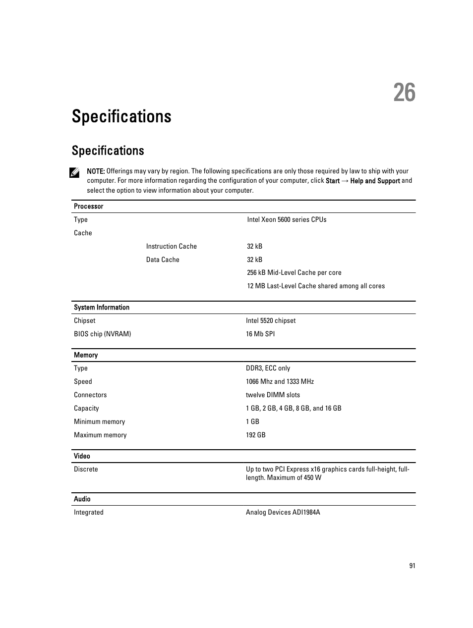 Specifications, 26 specifications | Dell Precision R5500 (Early 2011) User Manual | Page 91 / 97