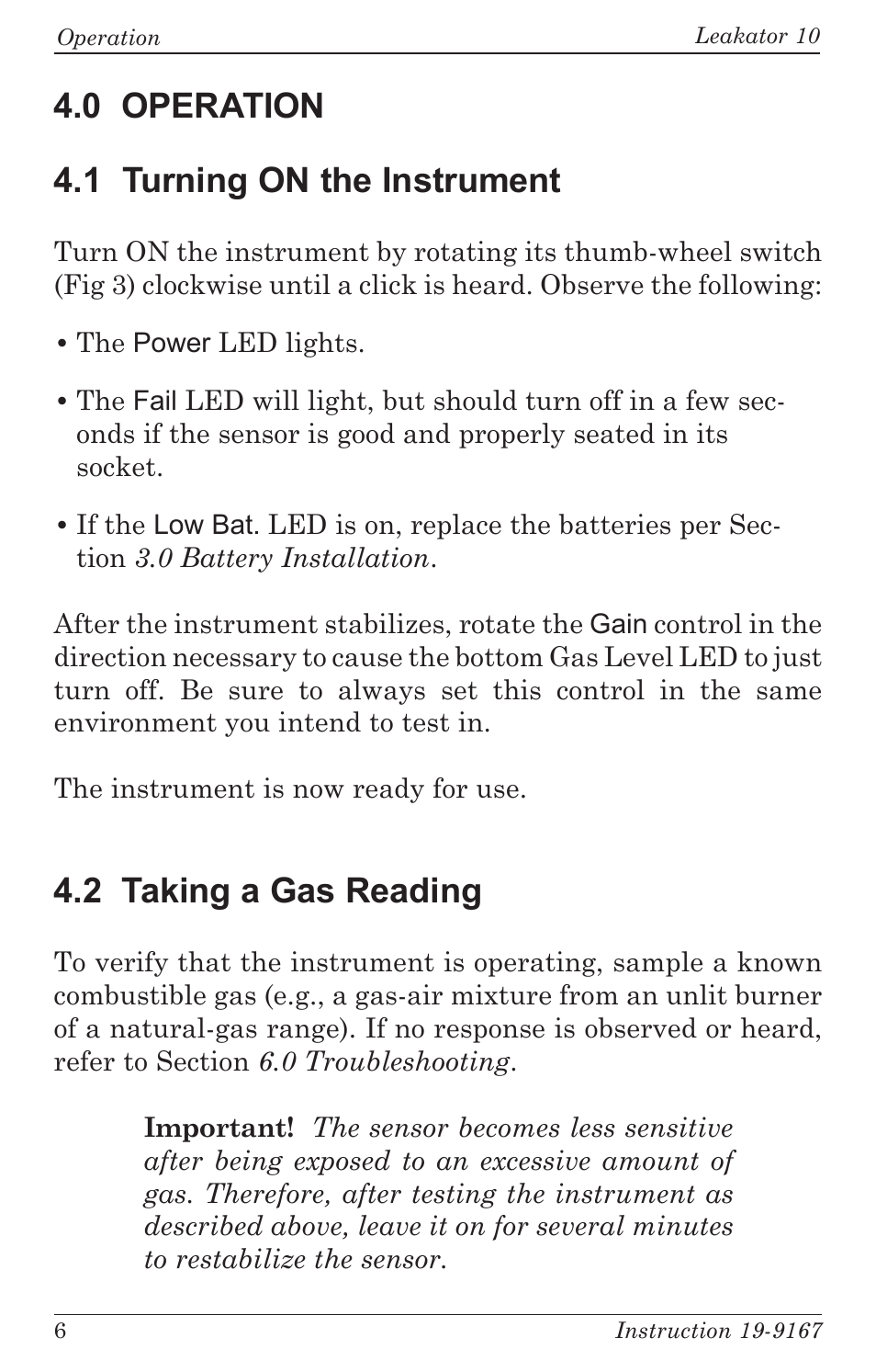 0 operation 4.1 turning on the instrument, 2 taking a gas reading | Bacharach Leakator 10 User Manual | Page 10 / 24
