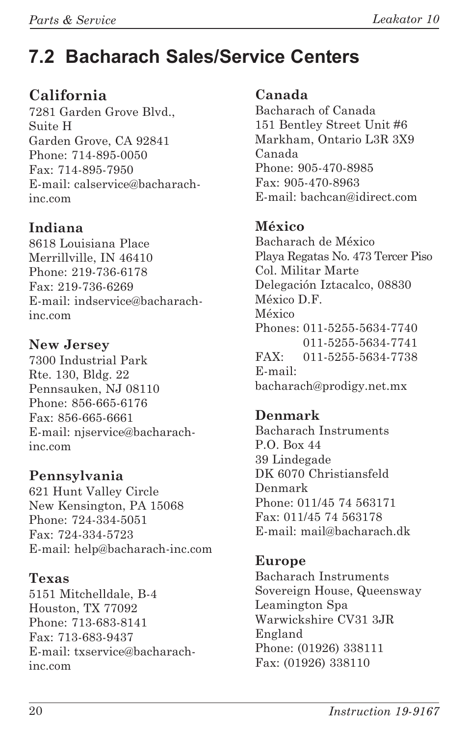 2 bacharach sales/service centers, California | Bacharach Leakator 10 User Manual | Page 24 / 24