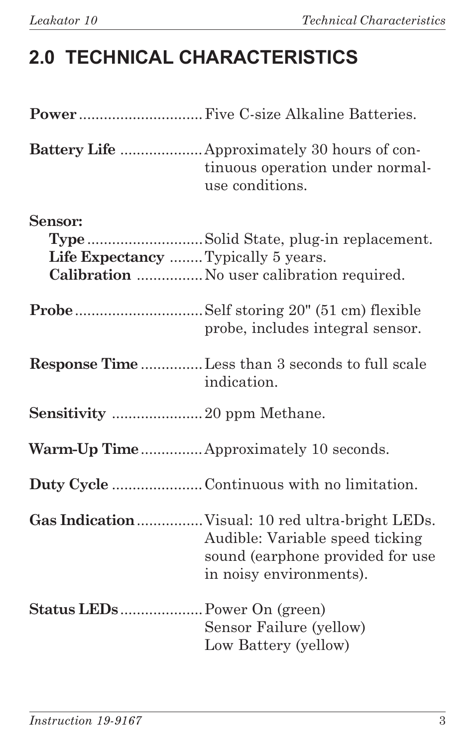 0 technical characteristics | Bacharach Leakator 10 User Manual | Page 7 / 24