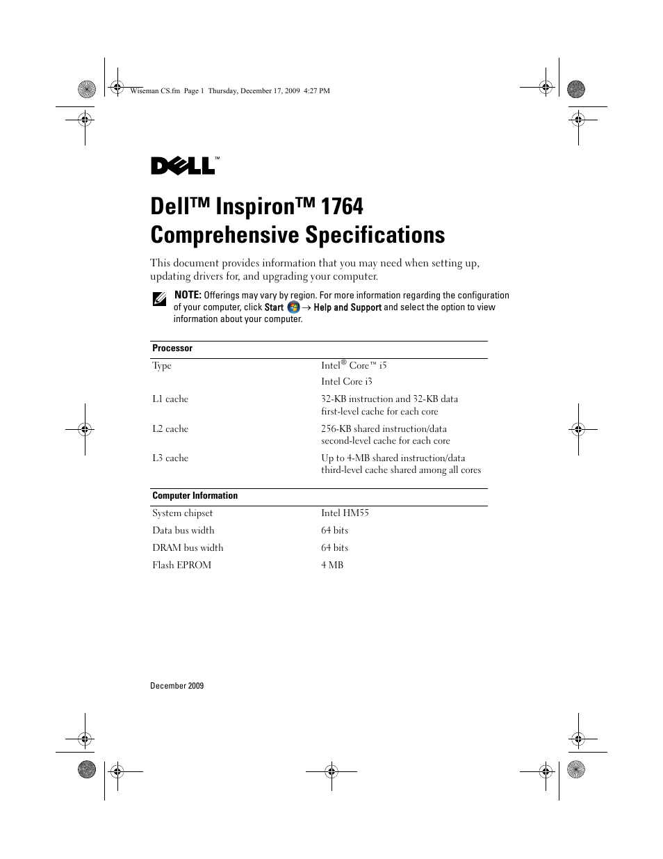 Dell Inspiron 1764 (Early 2010) User Manual | 8 pages