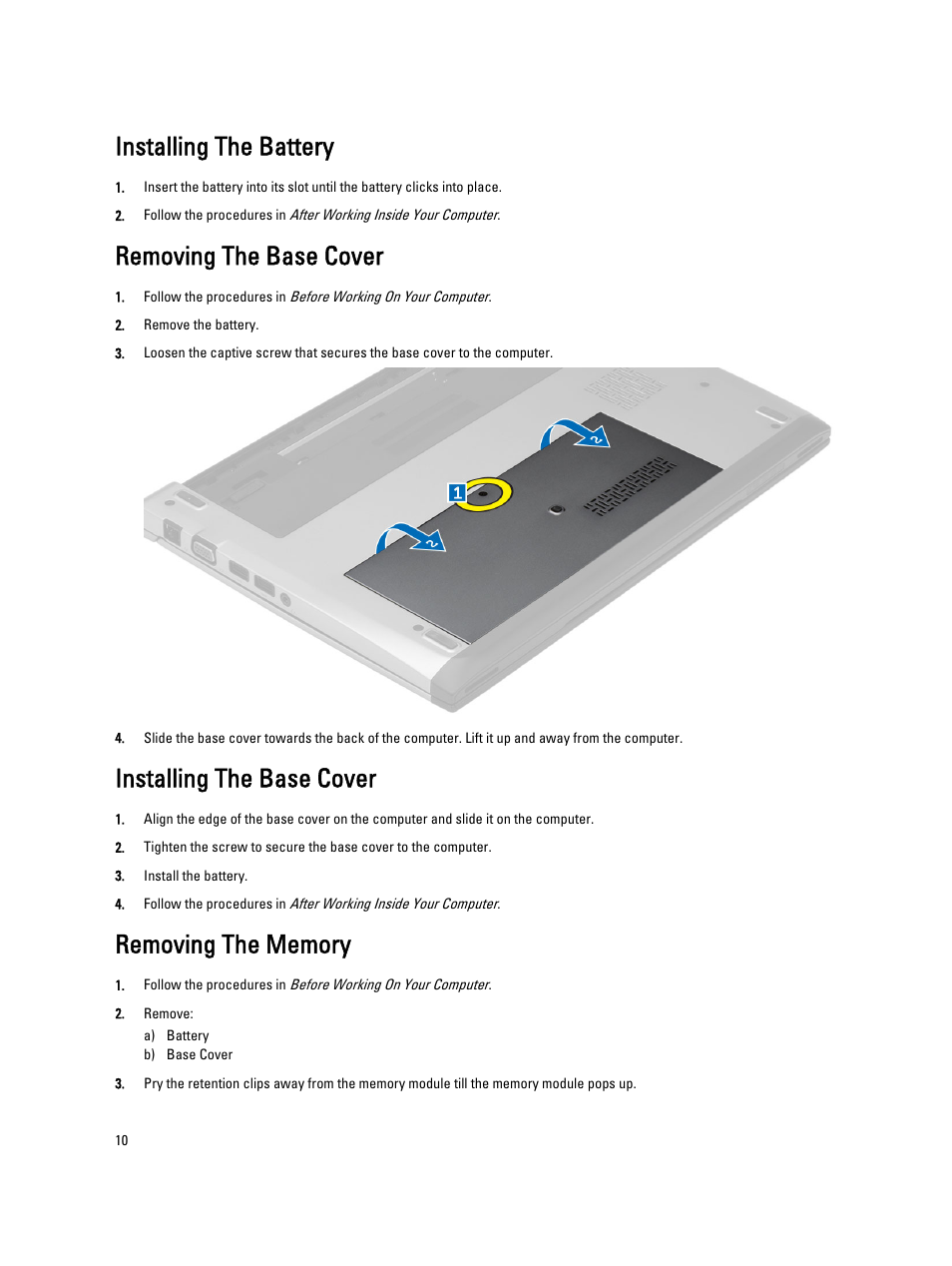Installing the battery, Removing the base cover, Installing the base cover | Removing the memory | Dell Latitude 3330 (Early 2013) User Manual | Page 10 / 53