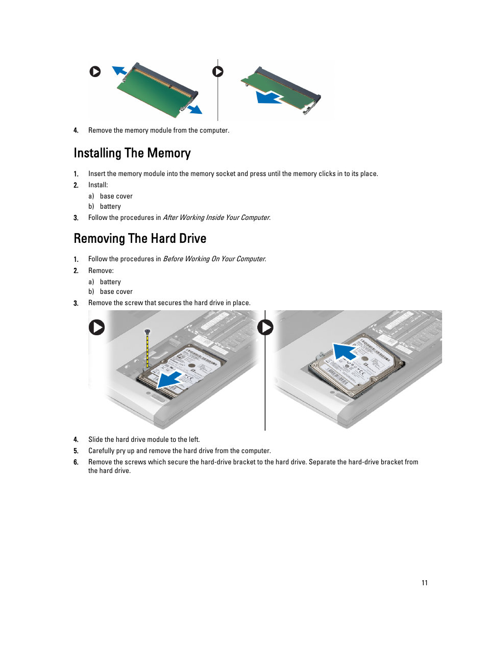 Installing the memory, Removing the hard drive | Dell Latitude 3330 (Early 2013) User Manual | Page 11 / 53
