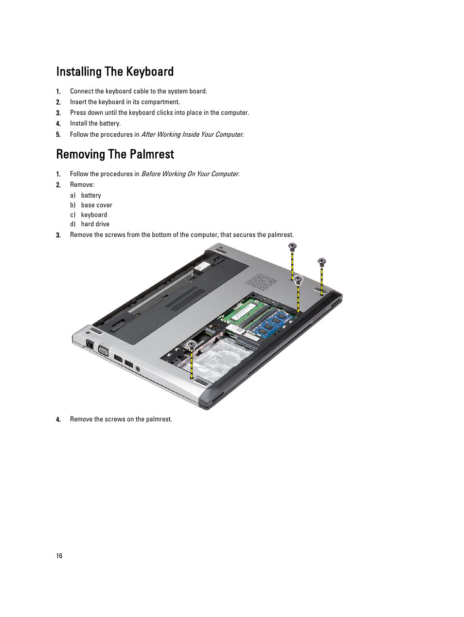 Installing the keyboard, Removing the palmrest | Dell Latitude 3330 (Early 2013) User Manual | Page 16 / 53