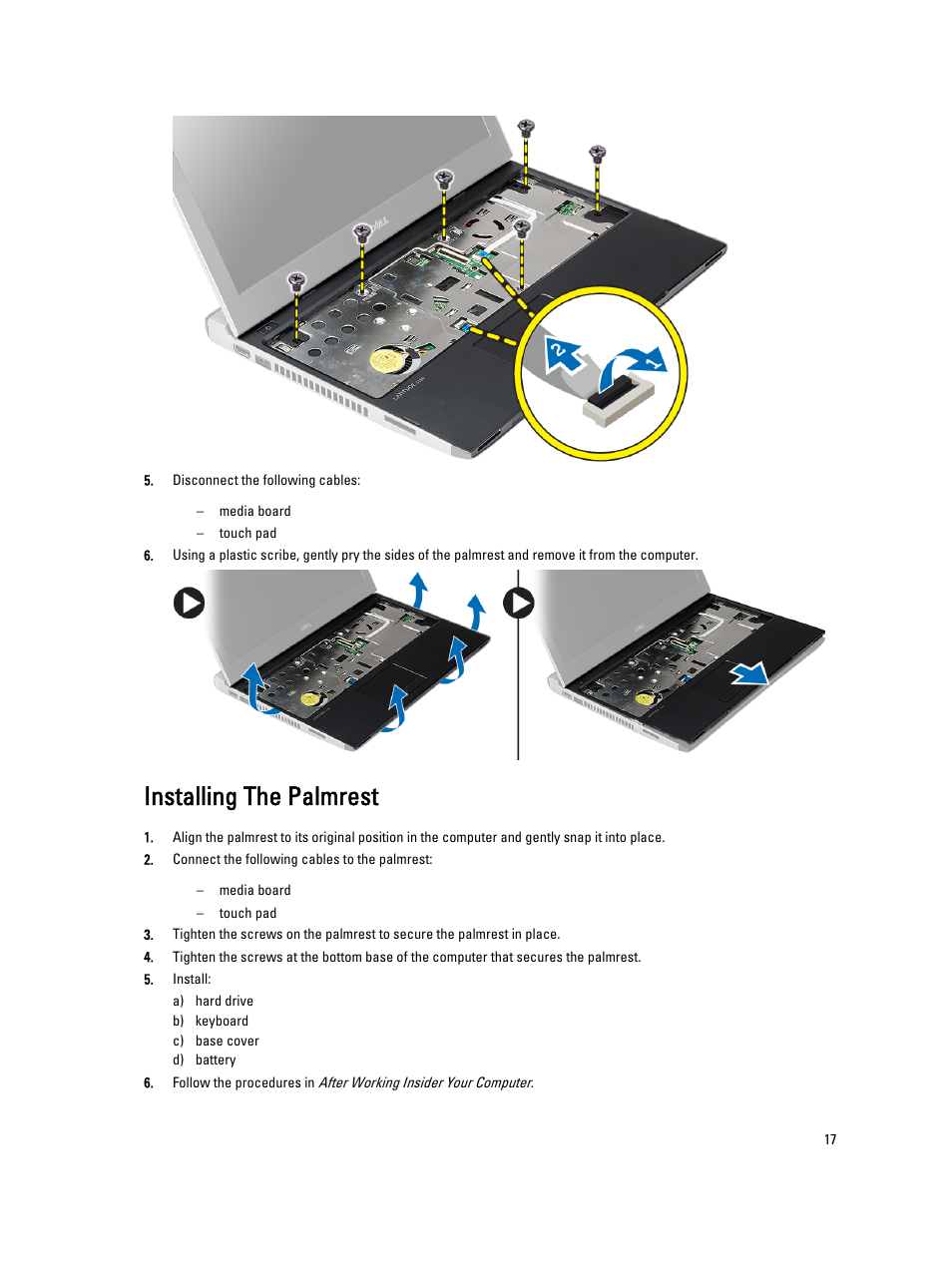 Installing the palmrest | Dell Latitude 3330 (Early 2013) User Manual | Page 17 / 53